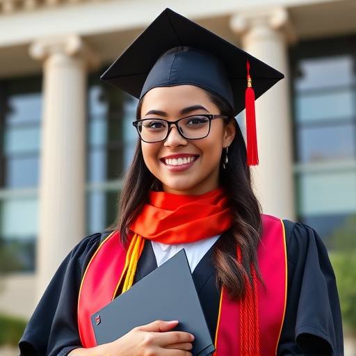 High-quality image showcasing a confident graduate posing with her diploma in front of the university building