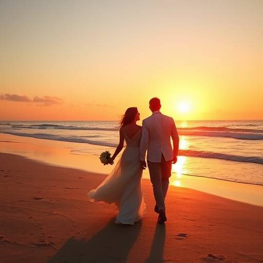 High-quality image showcasing romantic wedding photography of a couple walking along the beach at sunset